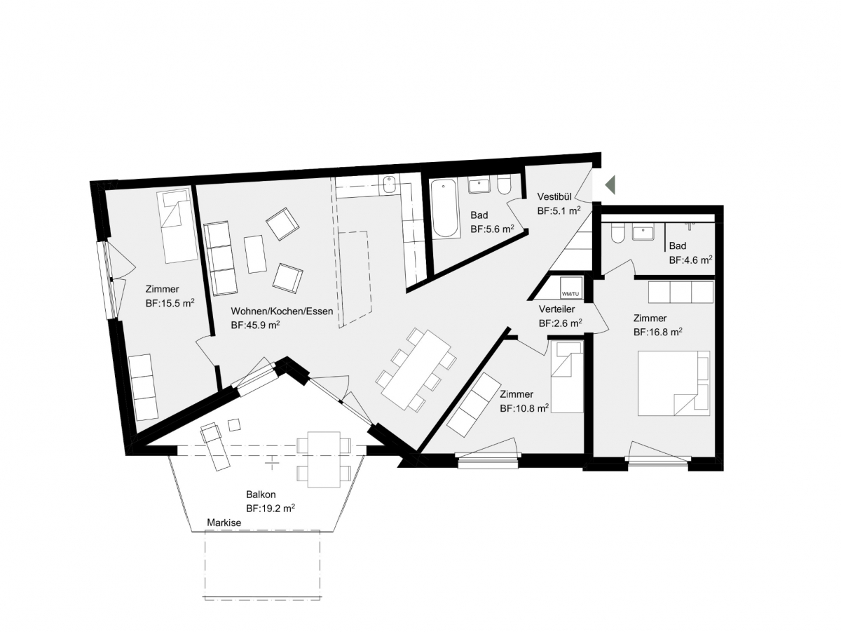 107 m² Wohnfläche, 19 m² Balkon