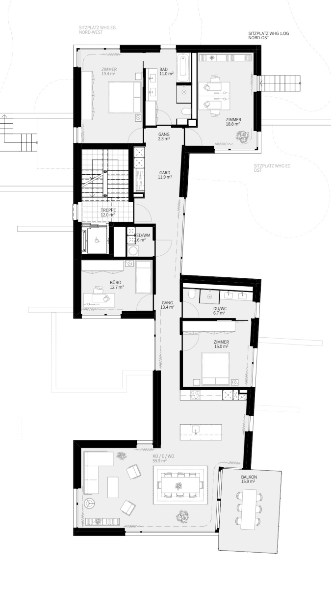 5.5-Zimmer ca. 169 m², Ebene 3 mit Garten und Balkon