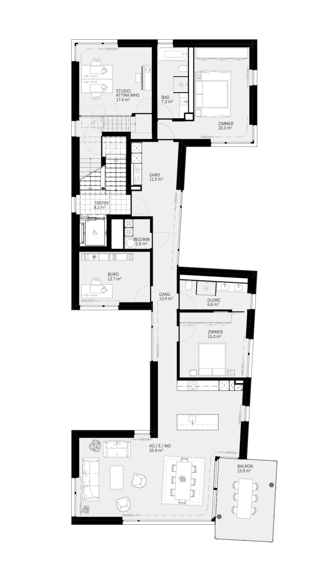 4.5-Zimmer ca. 145 m², Ebene 4 mit Balkon / Studio Attikawohnung