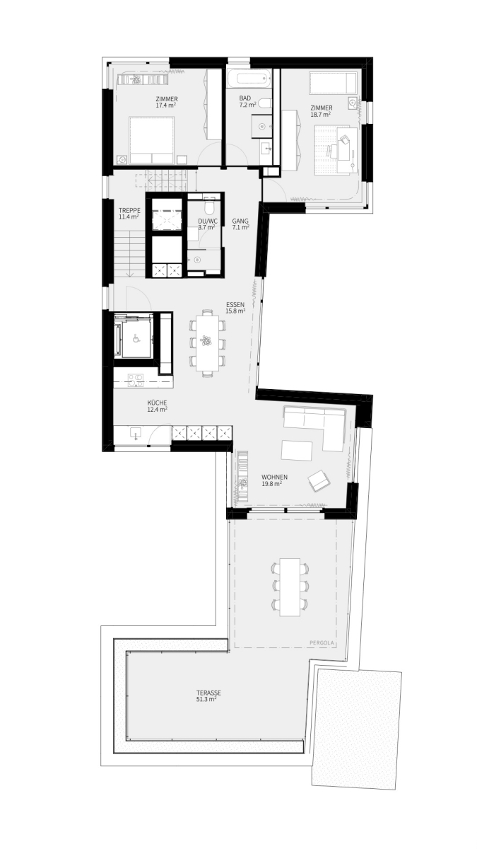 4.5-Zimmer-Maisonette ca. 131 m², Ebene 4/5 mit Terrasse und Pergola